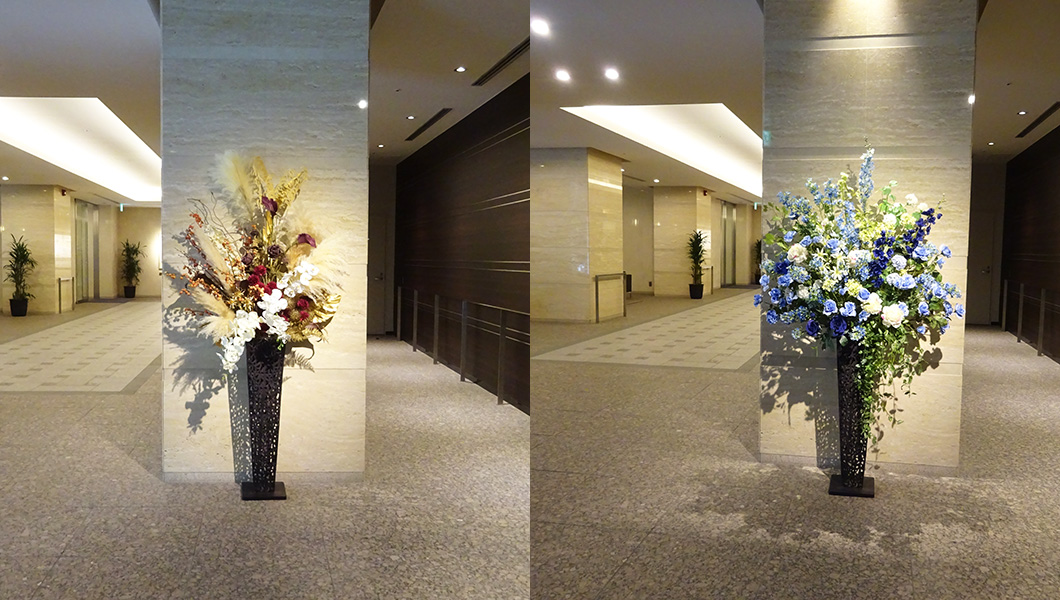 タワーマンションのスタンドタイプの造花アレンジメント