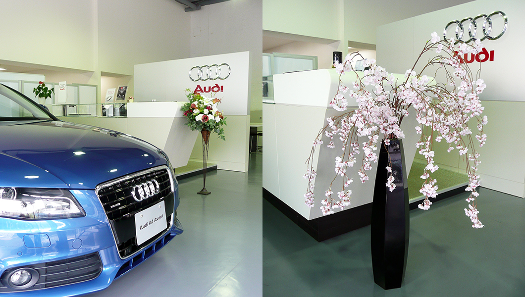 外車ショールームの造花アレンジメント