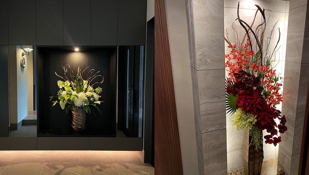 オーダーメイド制作した高級エントランスの造花アレンジメント